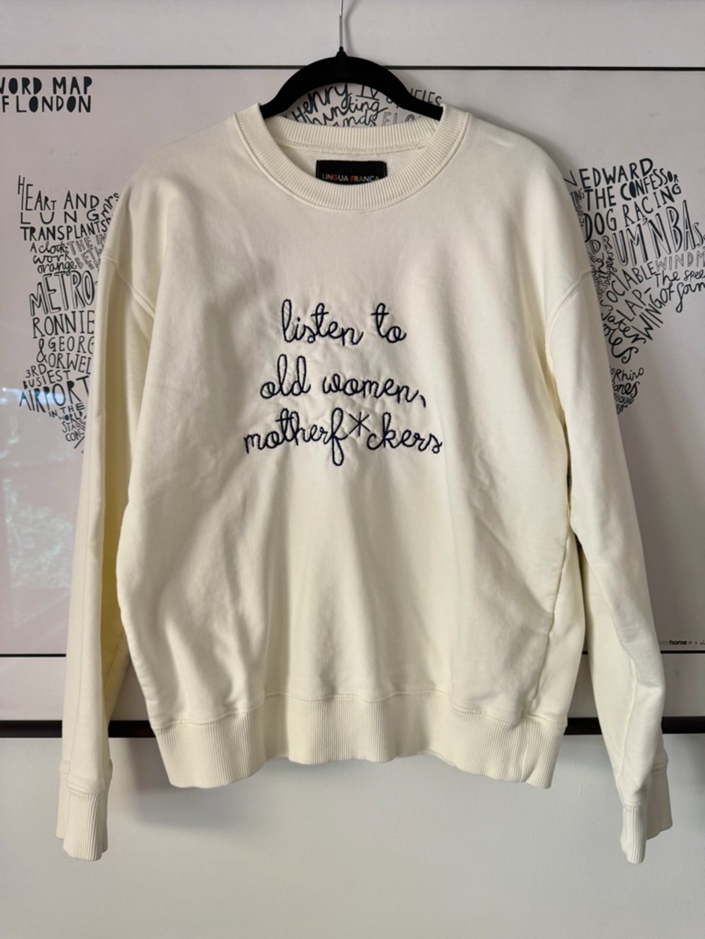 LINGUA FRANCA Custom Embroidered Cream Sweatshirt Navy Stitching Size Small S